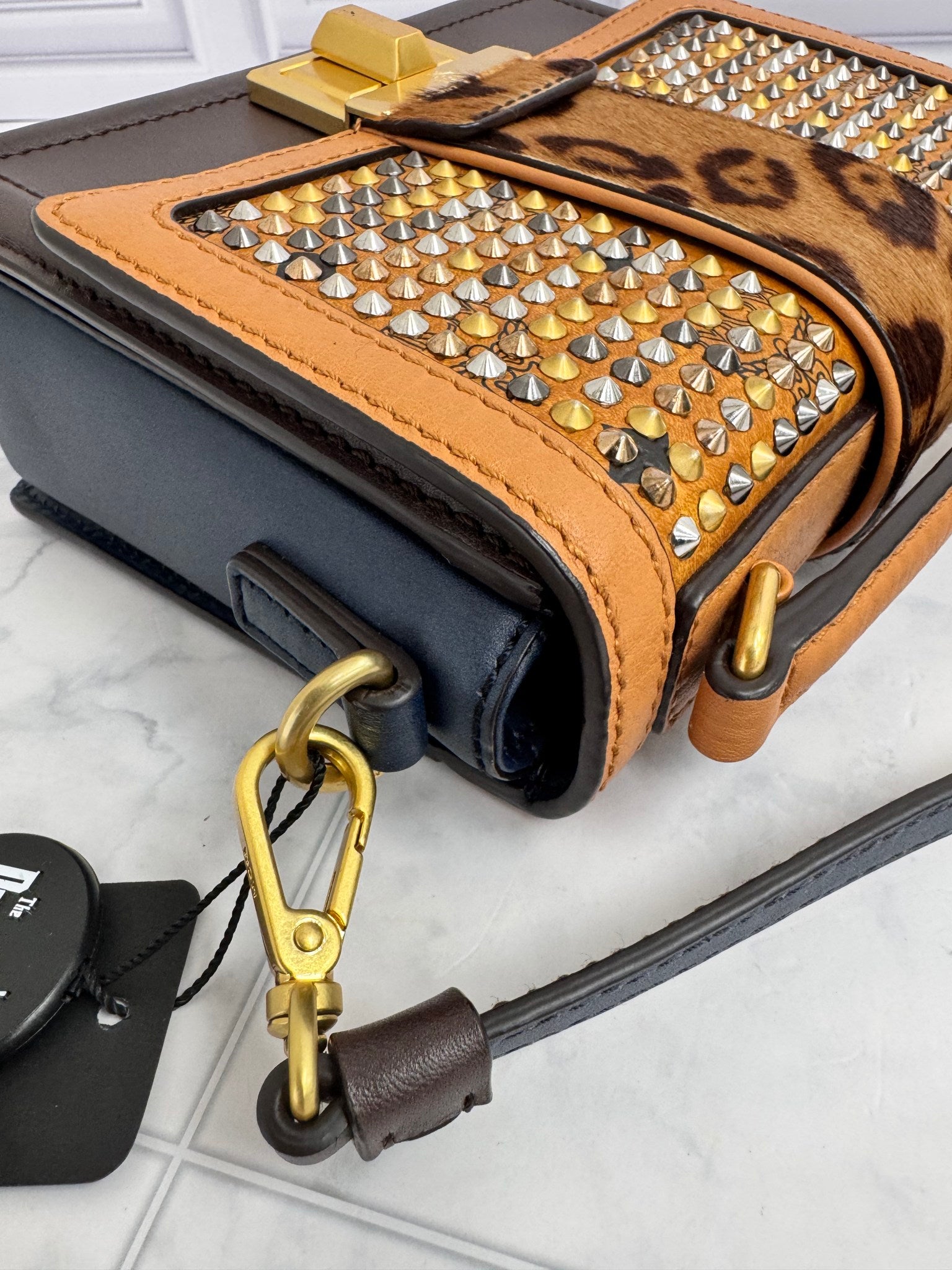 MCM Brown Leather Leopard Studded Veronika 2Way Bag