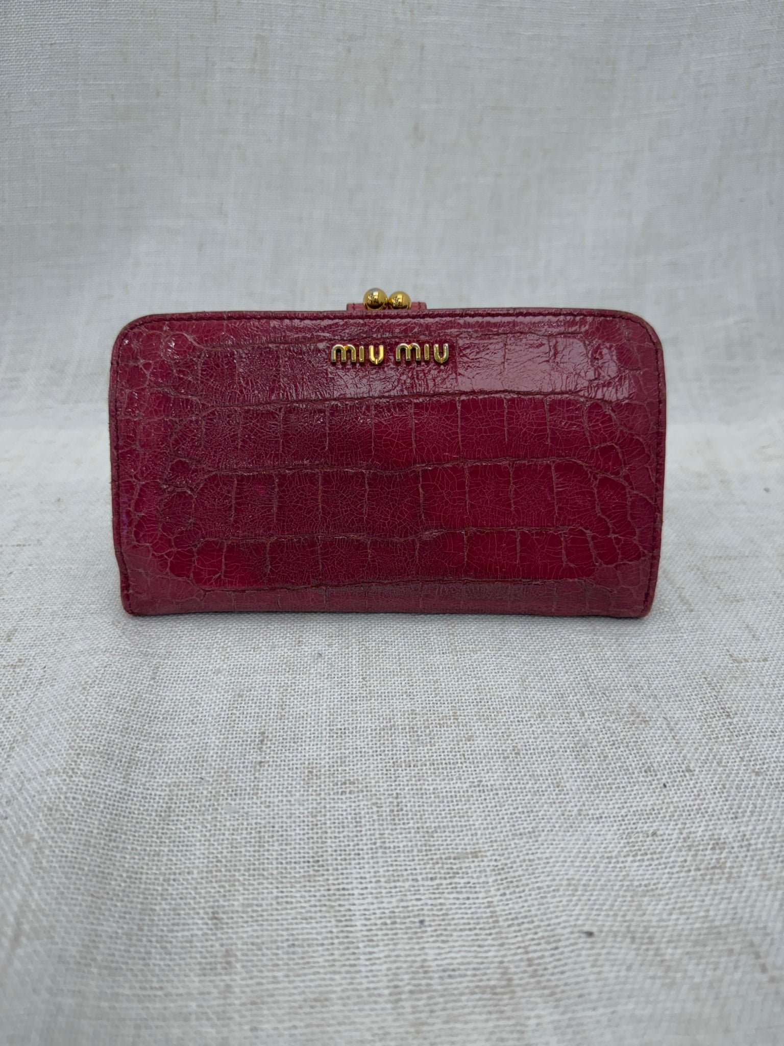 Miu Miu Dark Pink Crocodile Embossed Kiss Lock Wallet