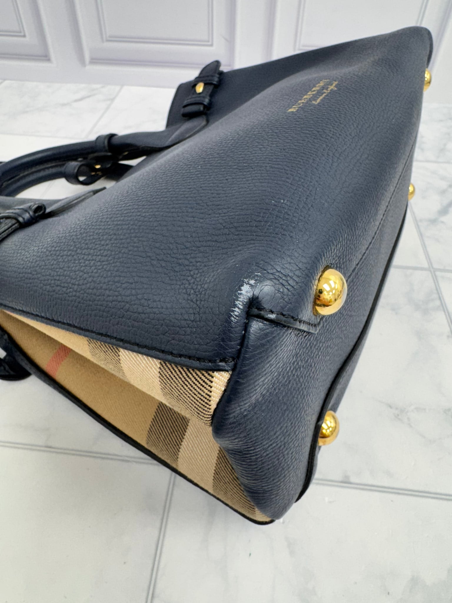 Burberry Navy Blue Grained Leather Small Tote Bag