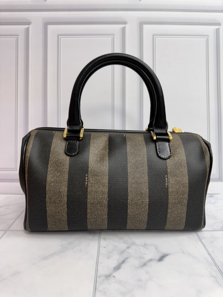 Fendi Black And Brown Coated Canvas Pequin Small Boston Bag
