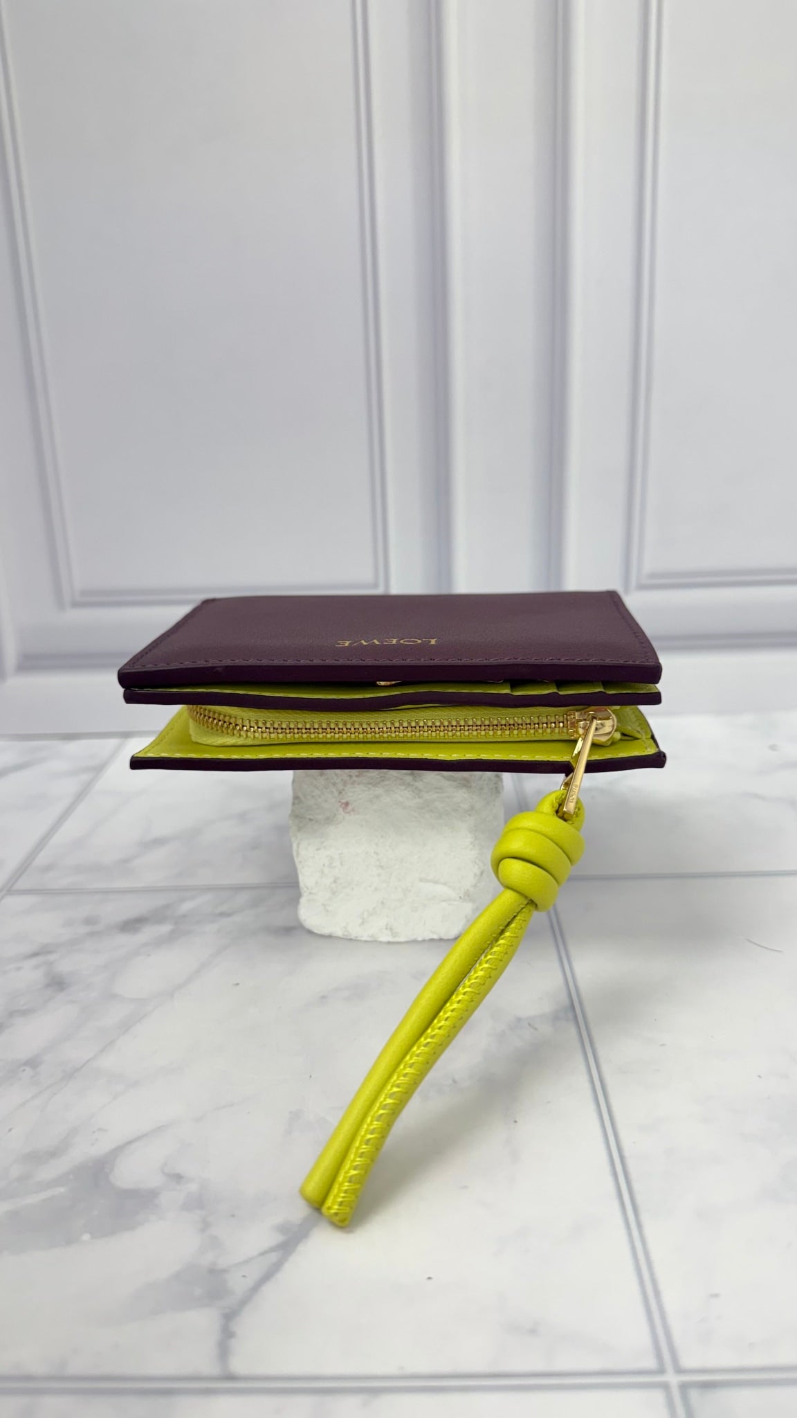 BRAND NEW - Loewe Plum And Green Leather Knot Compact Wallet 