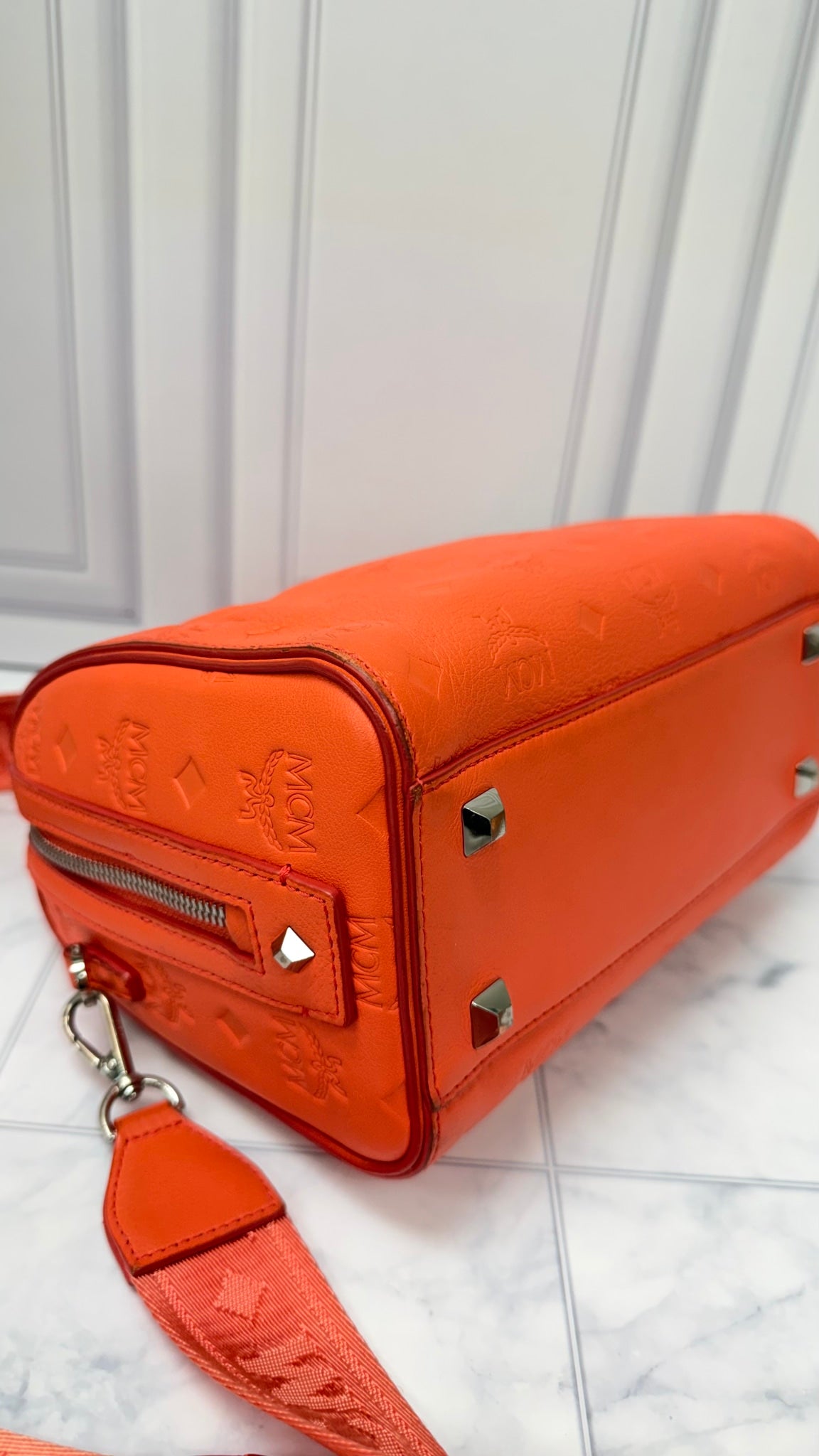 MCM Coral Visetos Leather Boston Bag