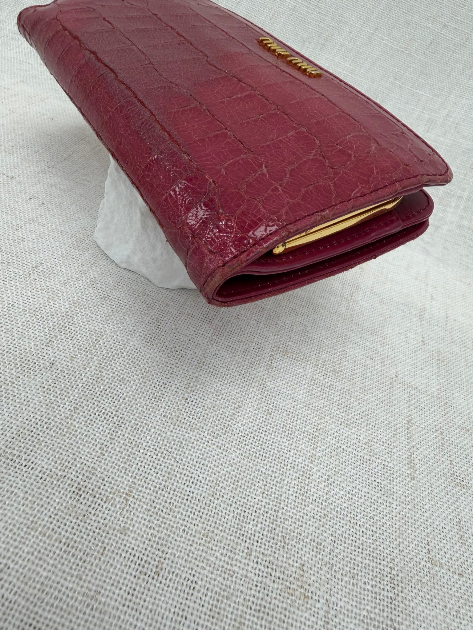 Miu Miu Dark Pink Crocodile Embossed Kiss Lock Wallet