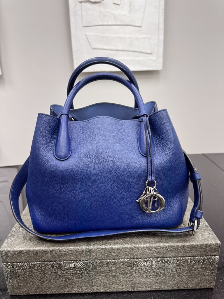 Christian Dior Blue Grained Leather Open Bar 2Way Bag