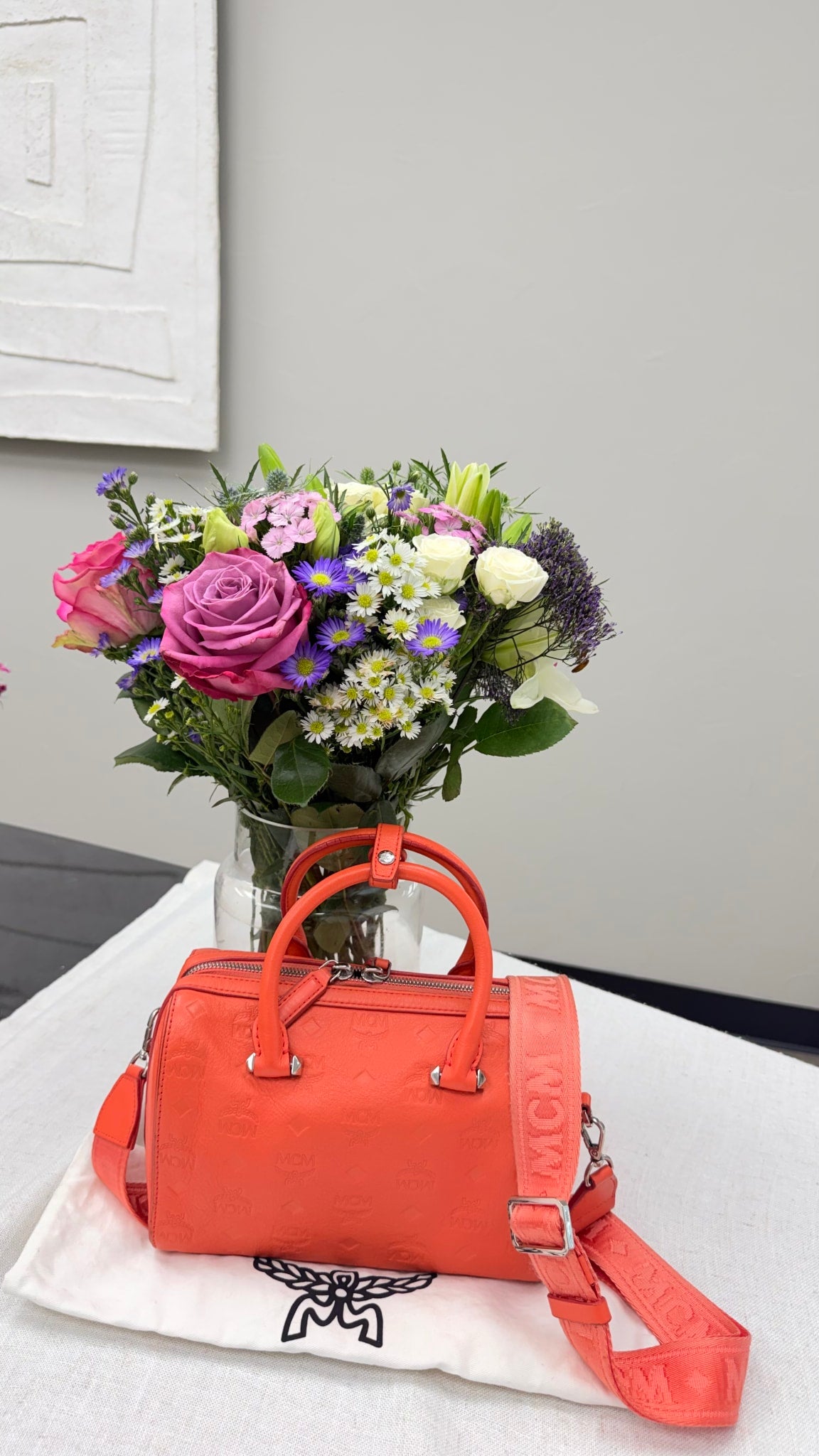 MCM Coral Visetos Leather Boston Bag
