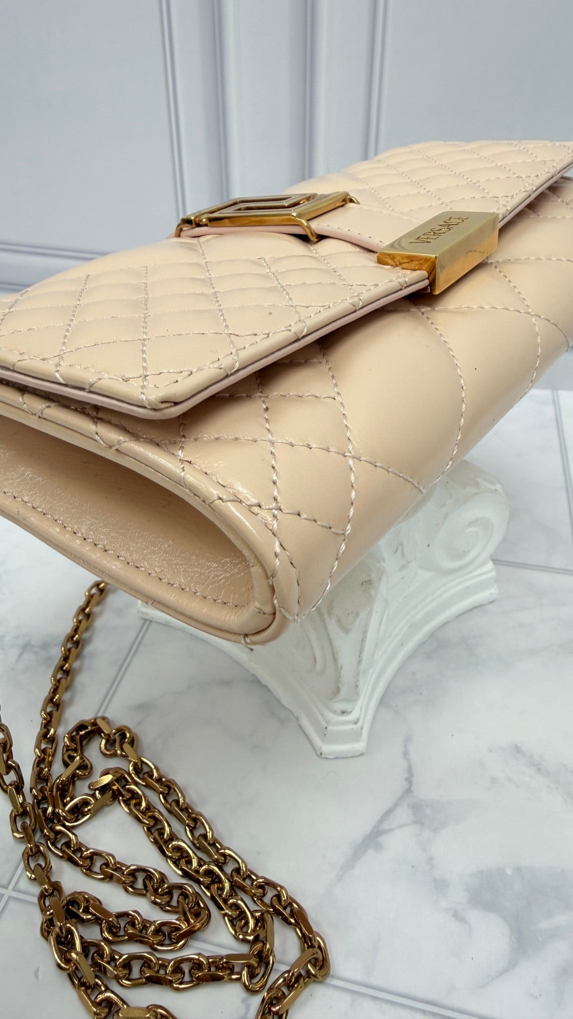 Versace Beige Quilted Leather Wallet on a Chain 