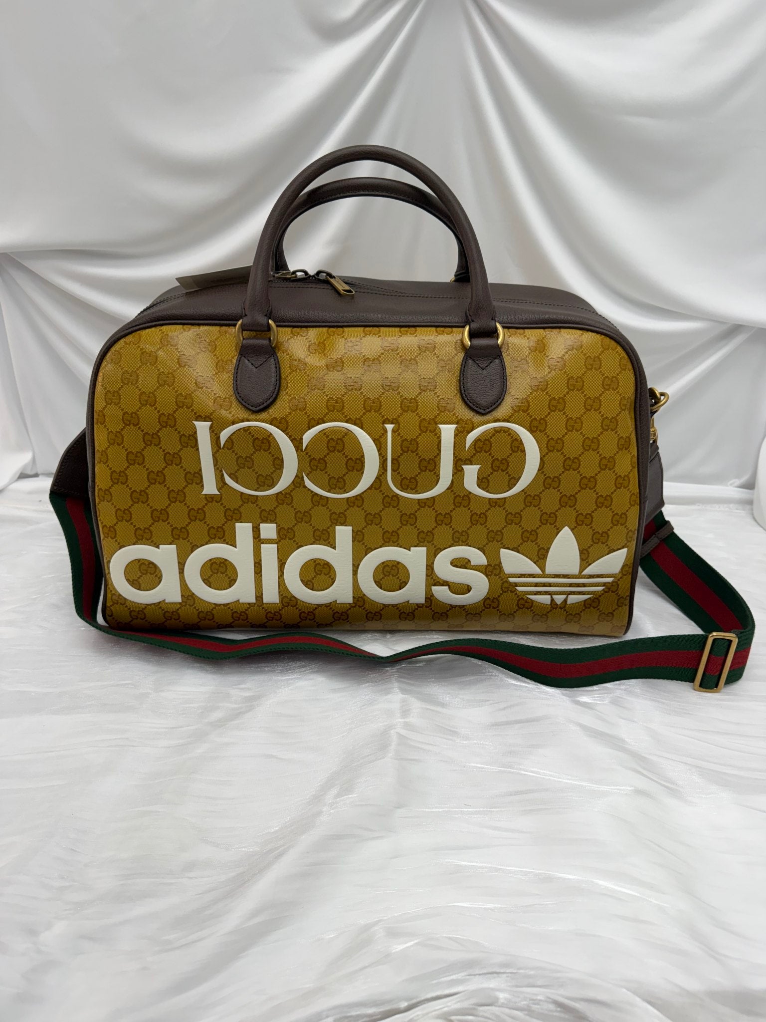 BRAND NEW- Gucci x Adidas GG Coated Canvas & Brown Leather Large Duffle Bag