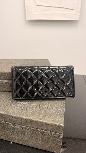 Chanel Black Quilted Patent Leather Long Wallet