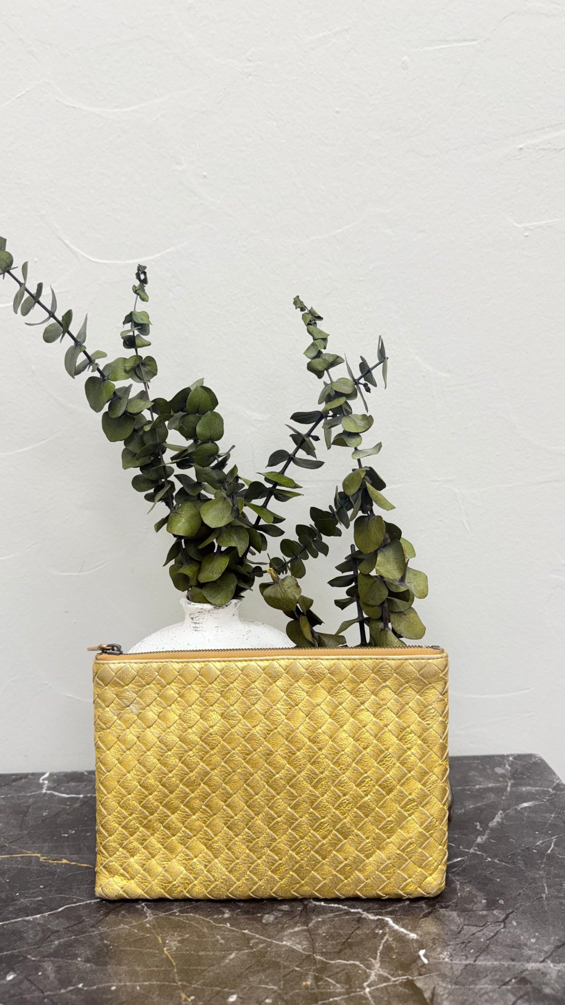 Bottega Veneta Gold Intrecciato Leather Clutch