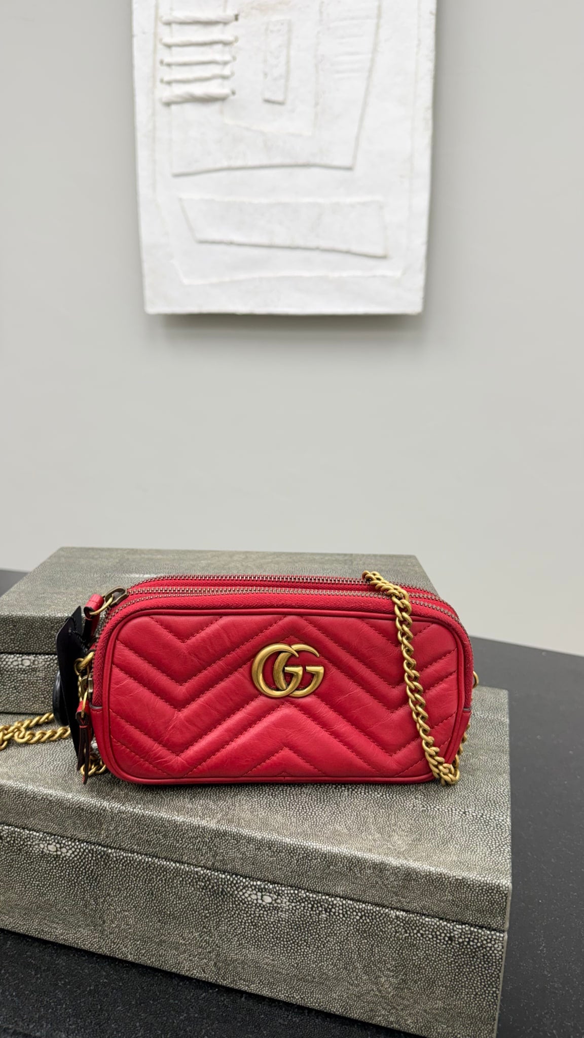 Gucci Red Leather GG Marmont Mini Camera Bag 