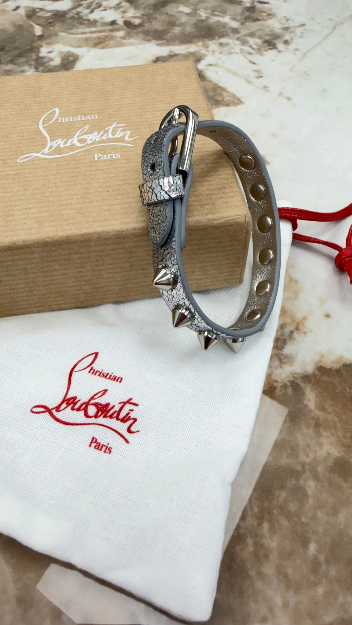 LIKE NEW- Christian Louboutin Silver Crinkled Leather Spike Bracelet