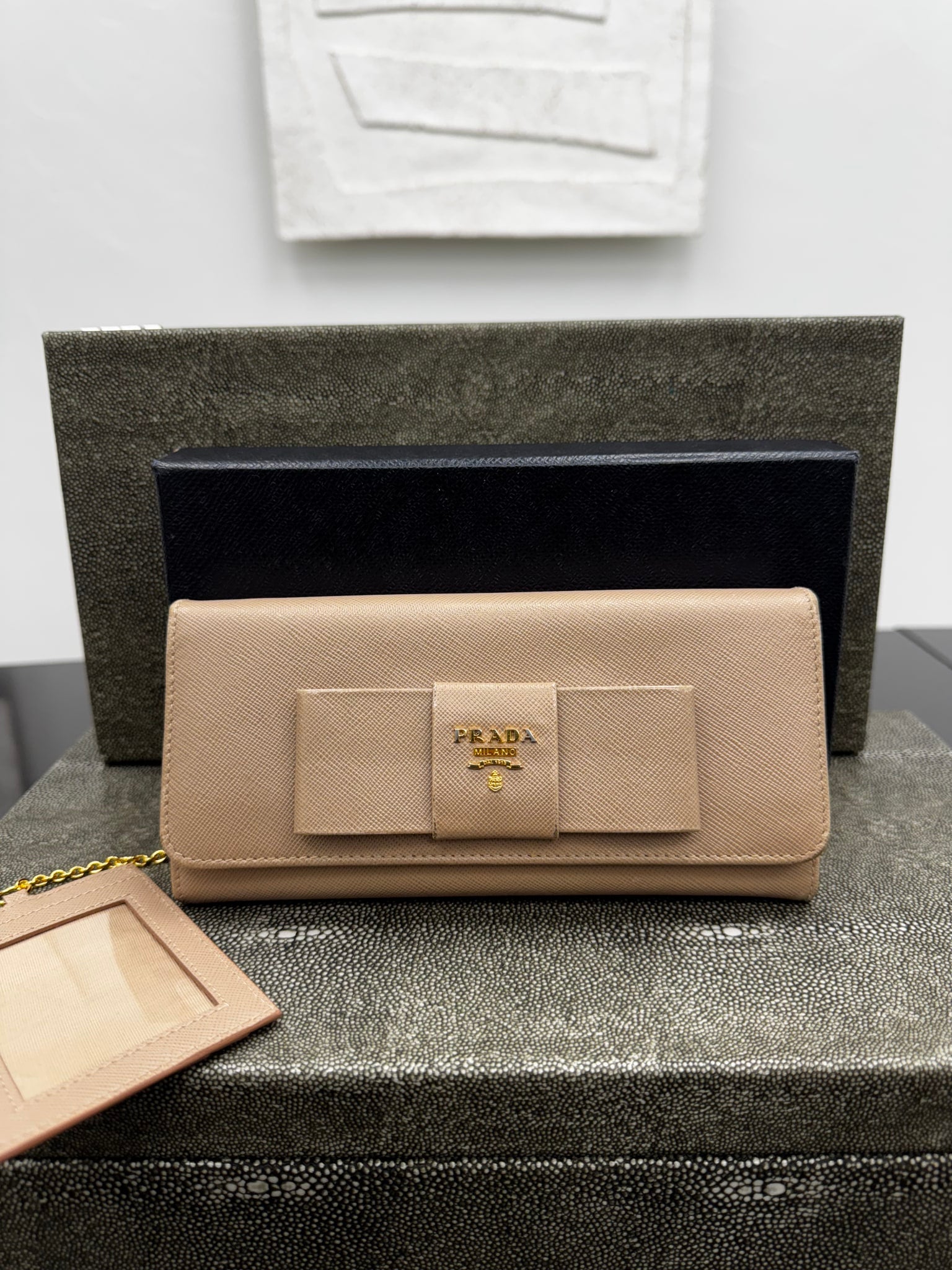 Prada Beige Saffiano Leather Fiocco Bow Long Wallet