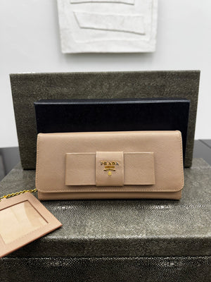 Prada Beige Saffiano Leather Fiocco Bow Long Wallet