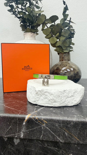 Hermes Silver And Green Leather Kelly Bracelet