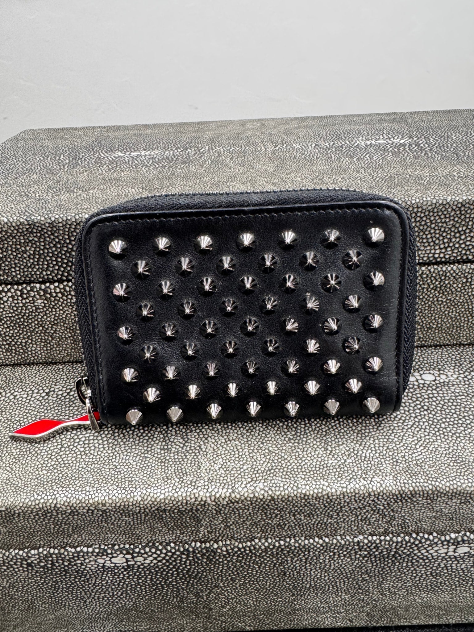 Christian Louboutin Black Studded Leather Compact Zippy Wallet 