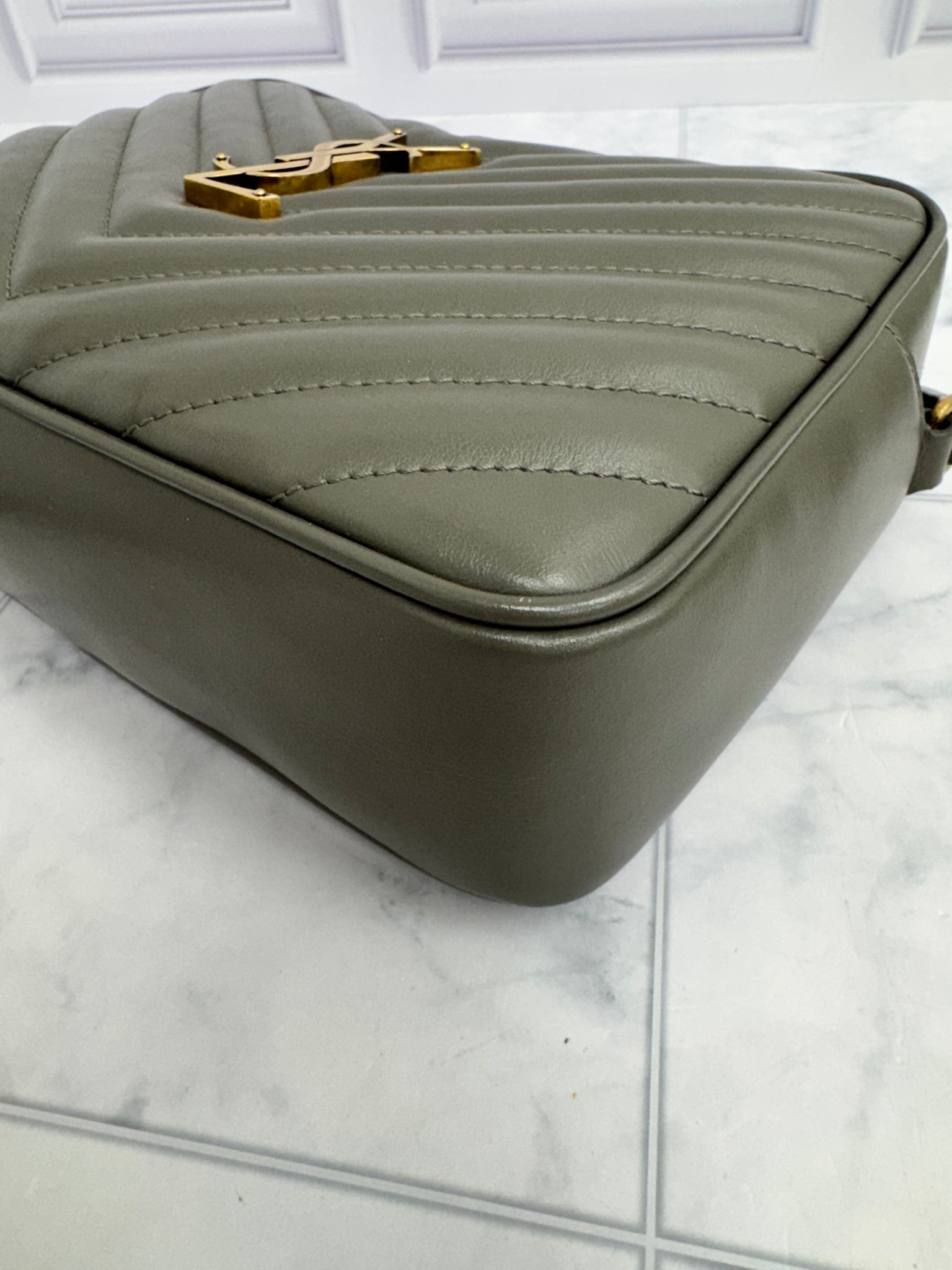 LIKE NEW - Saint Laurent YSL Grey Chevron Quilted Leather Lou Camera Bag