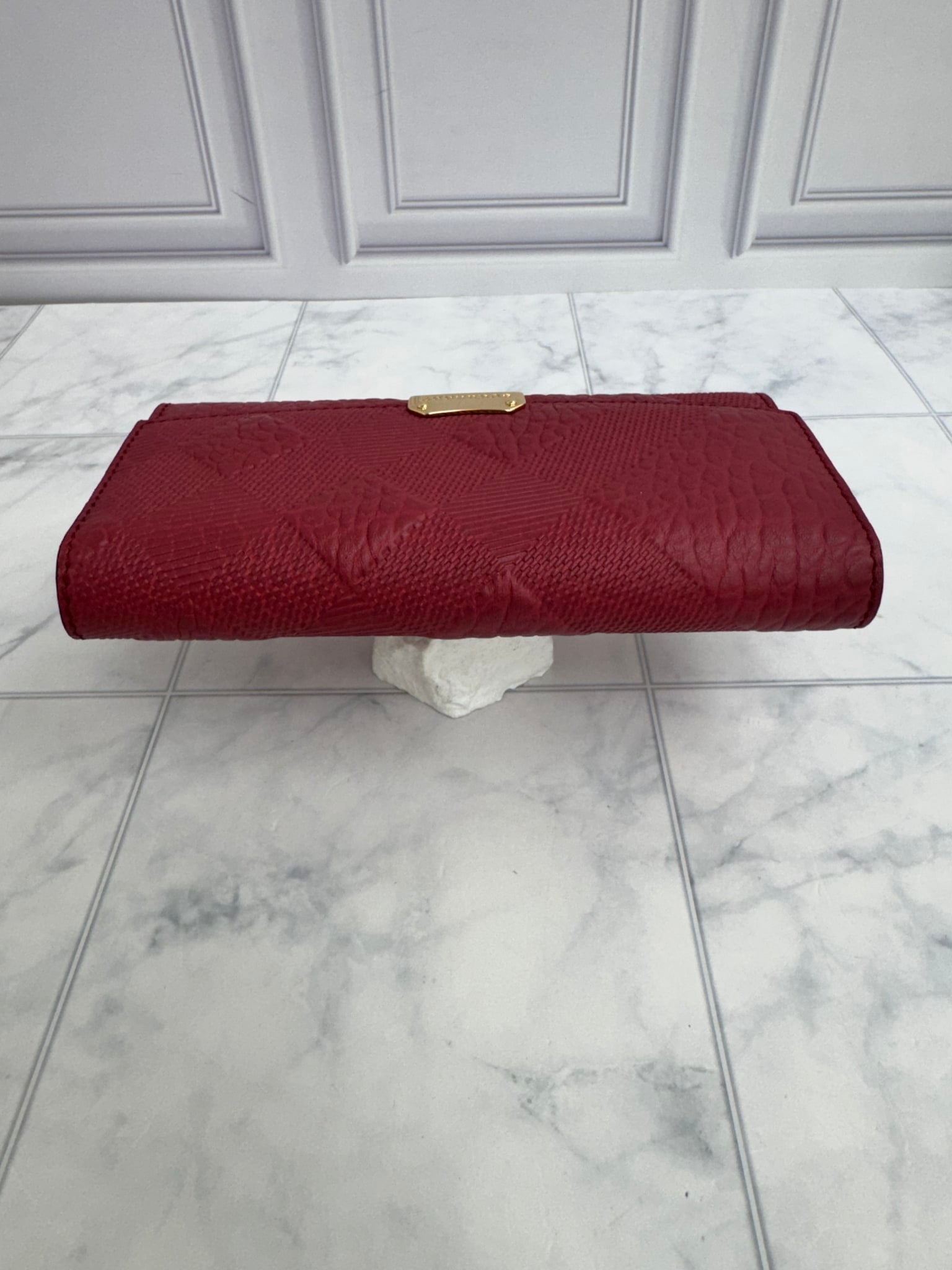 Burberry Burgundy Embossed Check Leather Porter Long Wallet