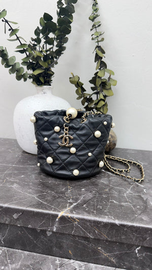 Chanel Black Quilted Lambskin Pearl Mini Bucket Bag