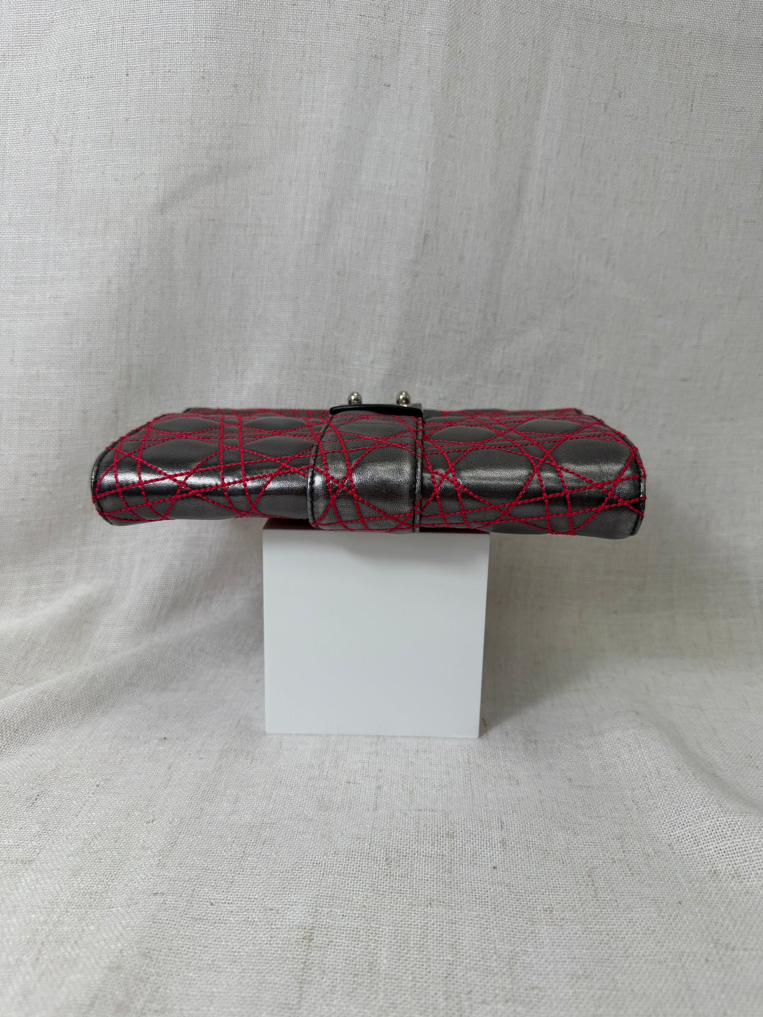 Christian Dior Silver Calf Leather And Red Cannage Stitching Miss Dior Clutch Bag