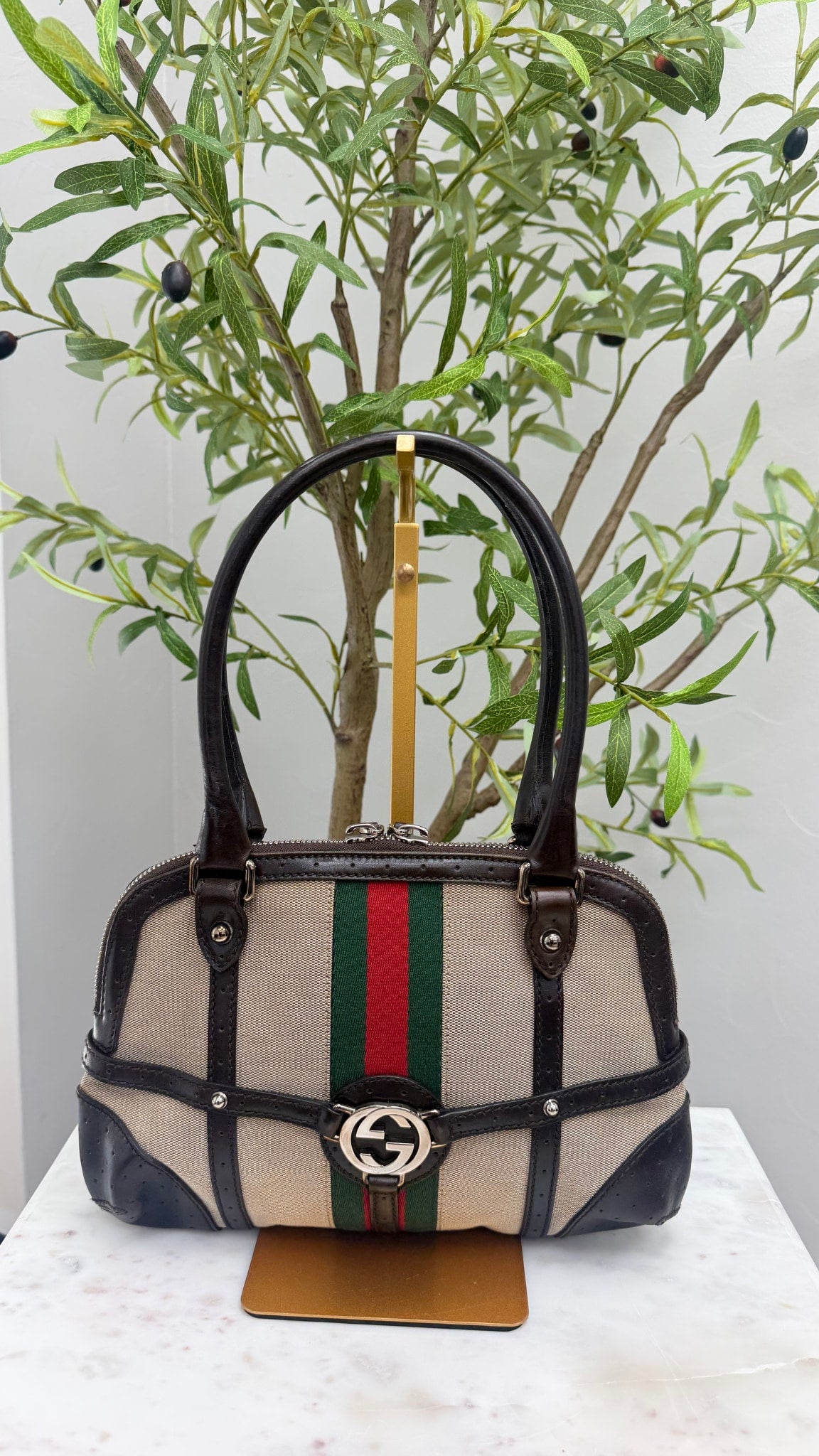 Gucci Brown Leather Beige Web Canvas shoulder bag