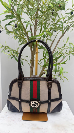 Gucci Brown Leather Beige Web Canvas shoulder bag