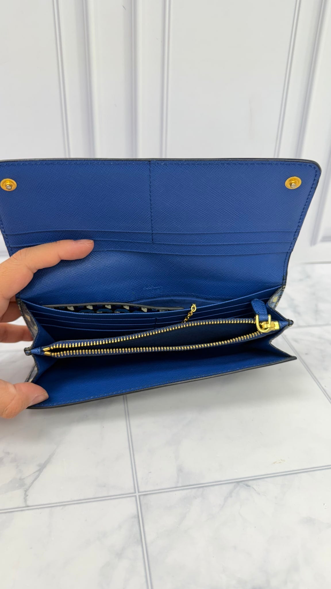 Prada Blue Multicolor Saffiano Leather Geometric Print Long Wallet 