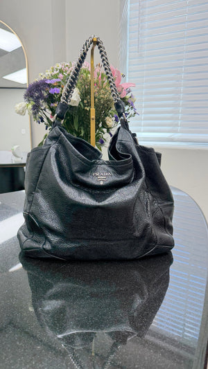 Prada Black Glazed Crinkle Leather Hobo Chain Shoulder Bag