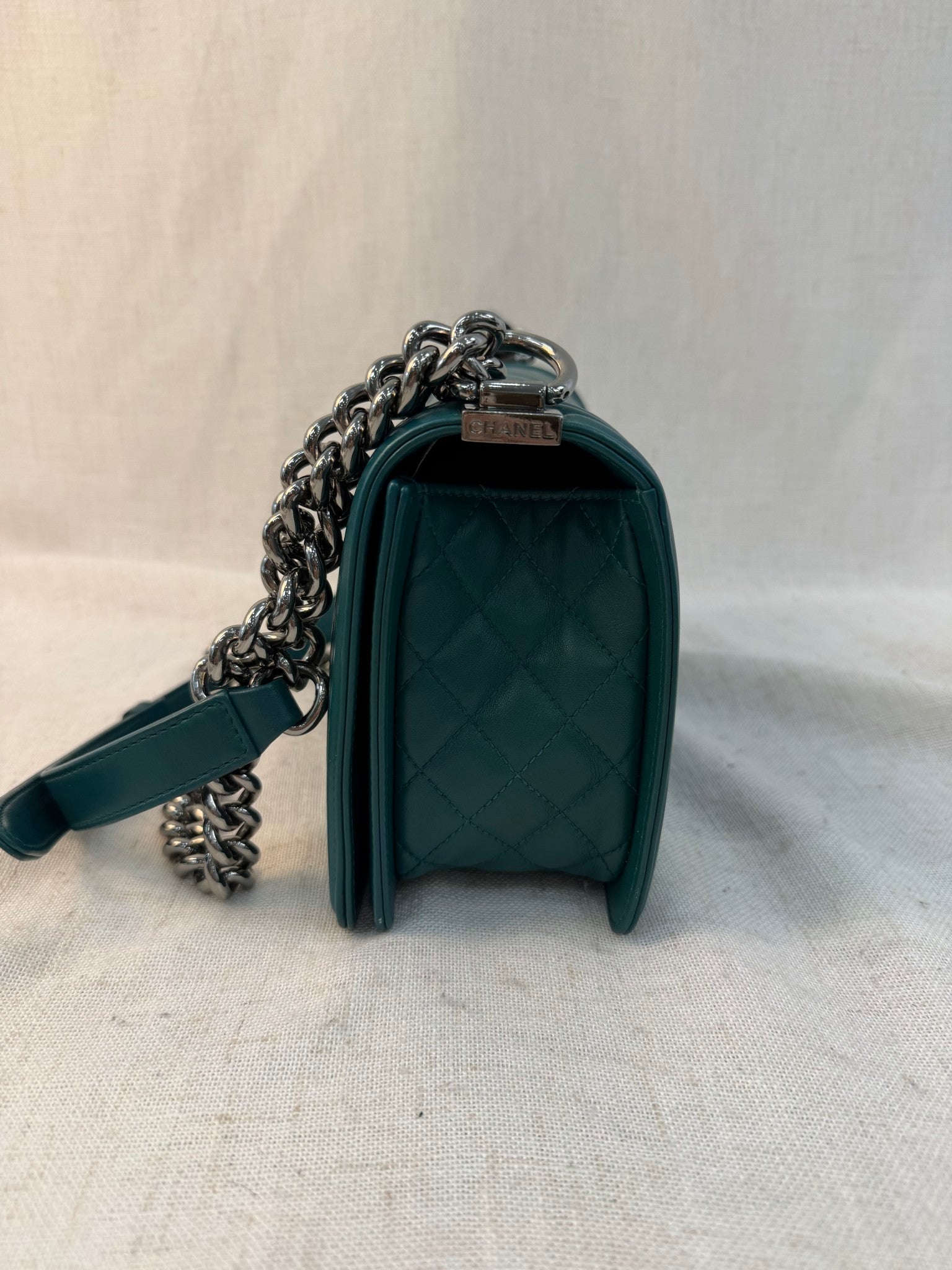 Chanel Dark Teal Calfskin Quilted Medium Boy Bag