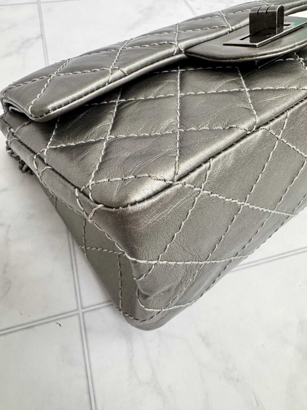 Chanel Metallic Silver Quilted Leather Reissue 2.55 Mini Flap Chain Bag