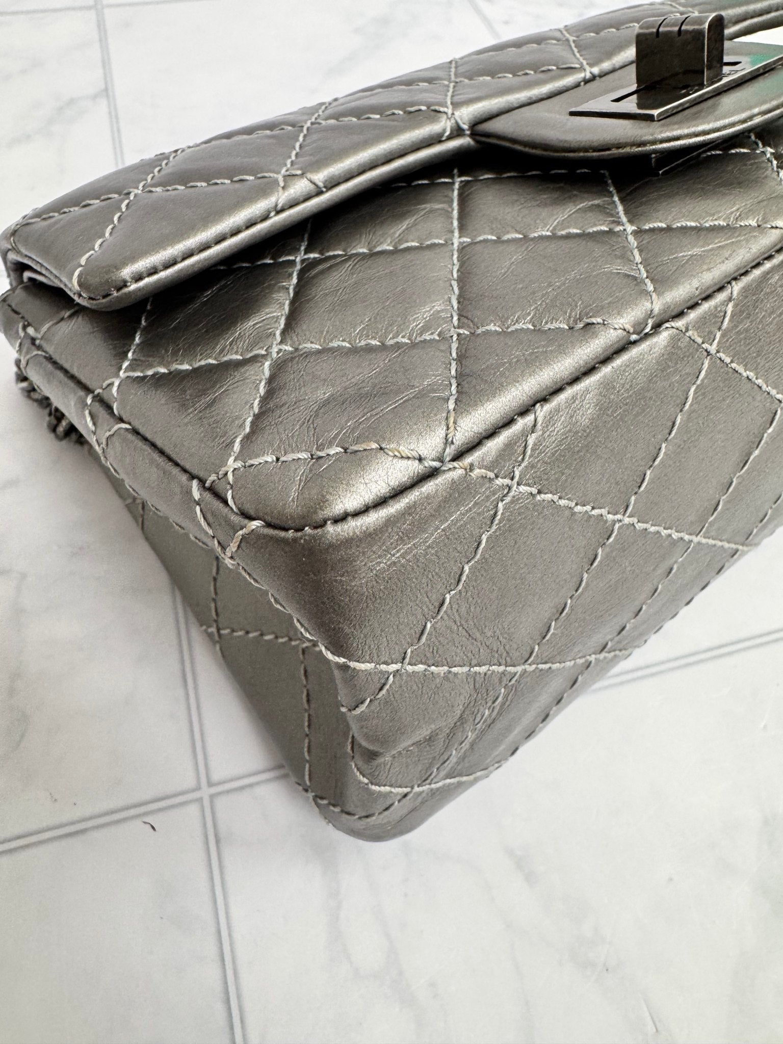 Chanel Metallic Silver Quilted Leather Reissue 2.55 Mini Flap Chain Bag