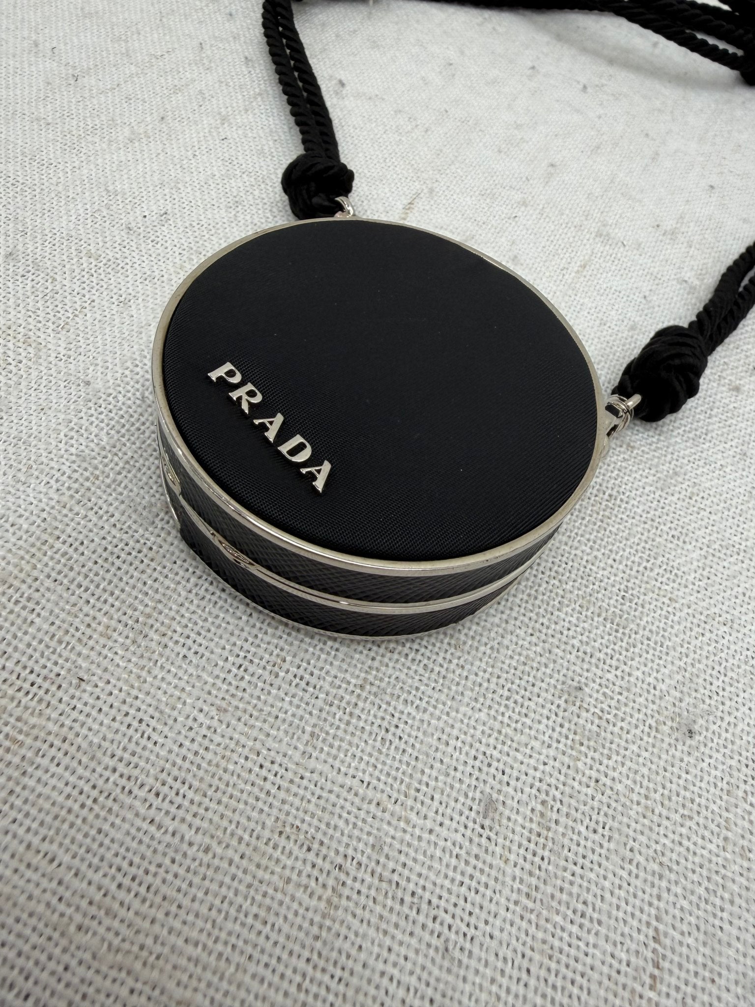 Prada Black Saffiano Leather Round Mirror Tassel Necklace 