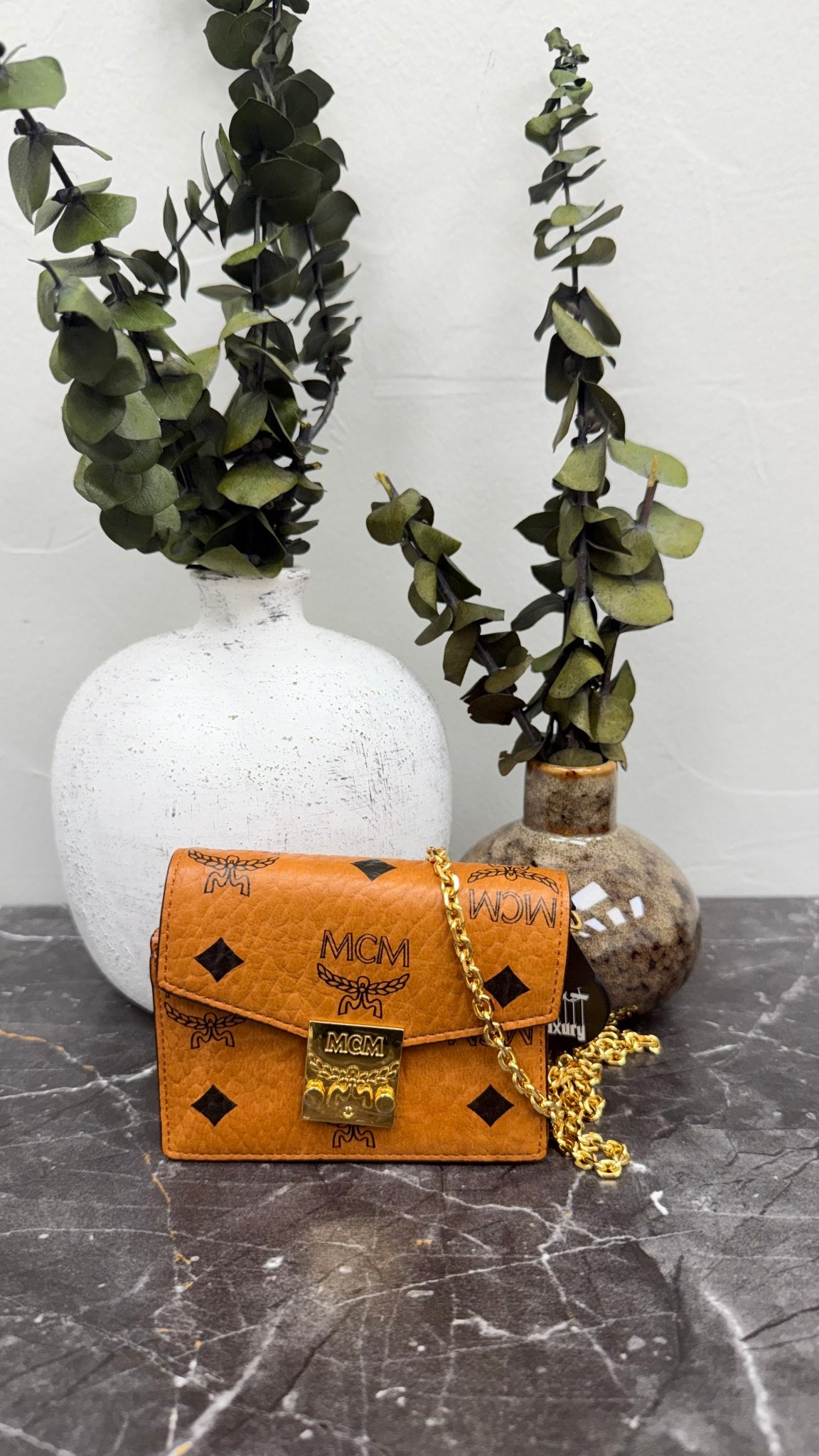 MCM Cognac Visetos Mini Tracy Chain Wallet 