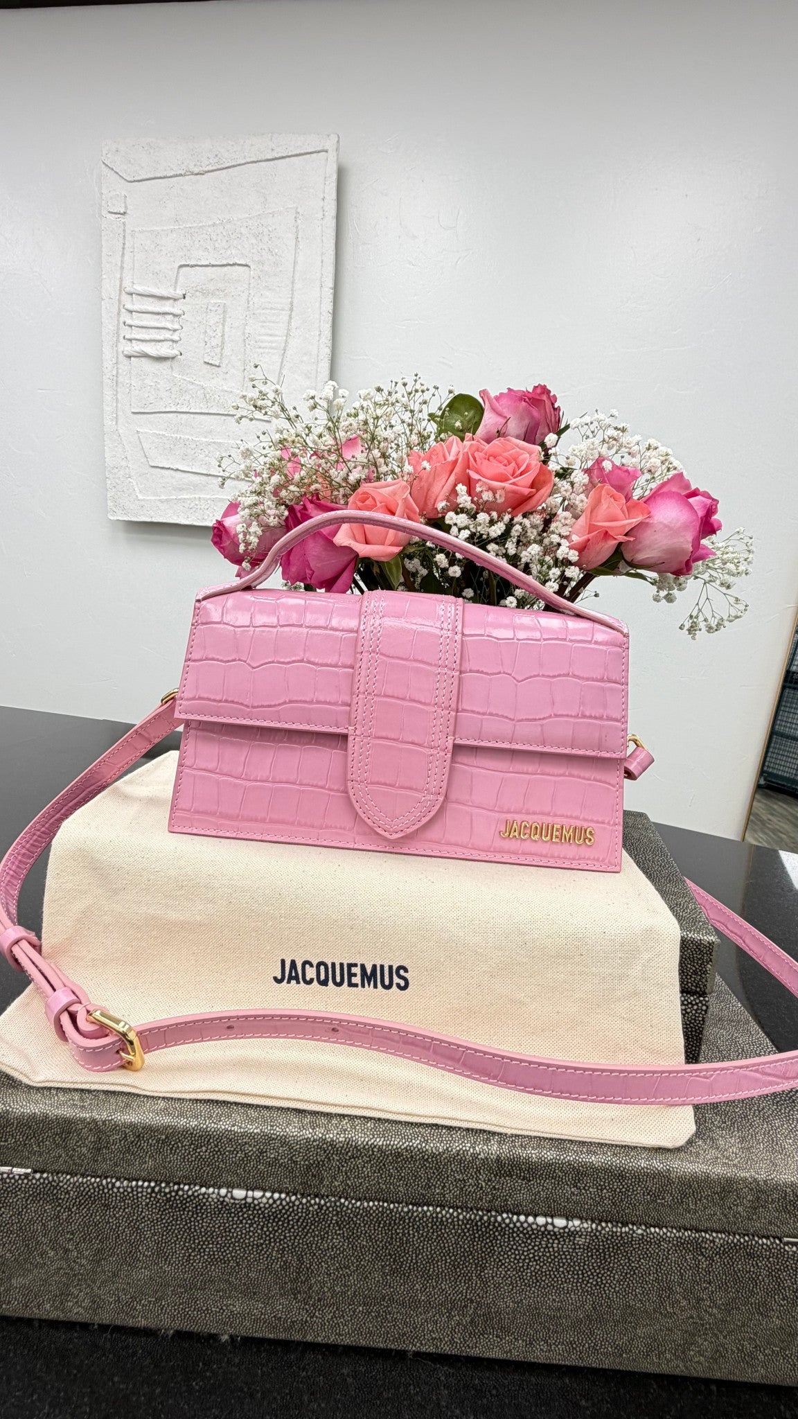 BRAND NEW - Jacquemus Pink Croc Embossed Le Grand Bambino 2Way Handbag
