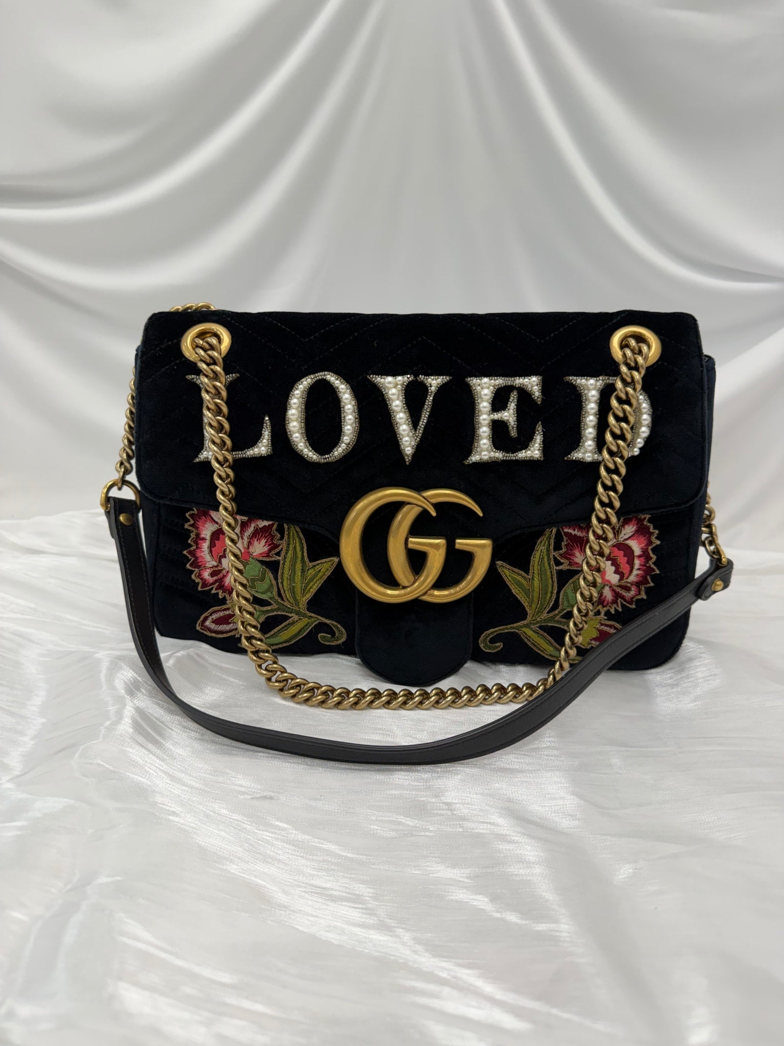 Gucci Black Velvet  "Loved" Embroidered Medium GG Marmont Crossbody