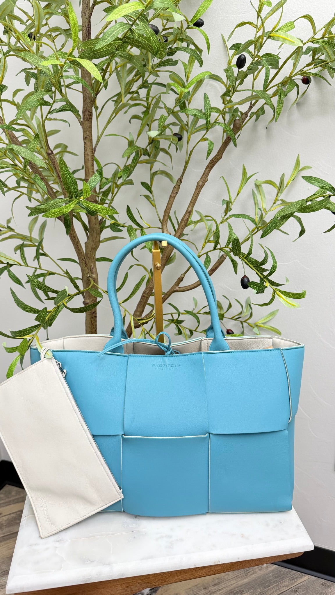 Bottega Veneta Turquoise  Nappa Intrecciato Leather Medium Arco Tote Bag 