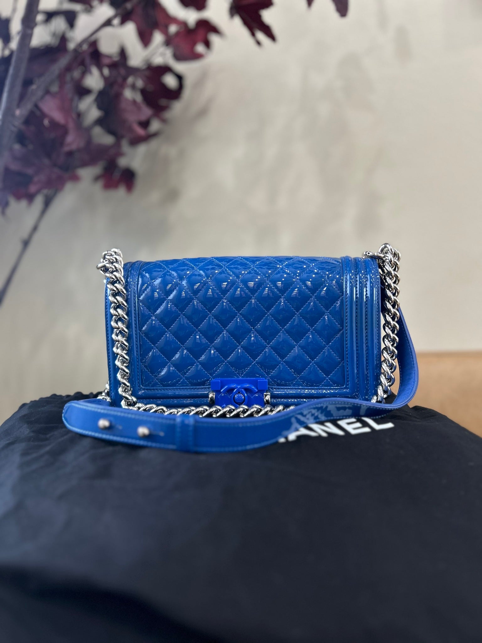 Chanel Blue Patent Leather Quilted Boy Bag