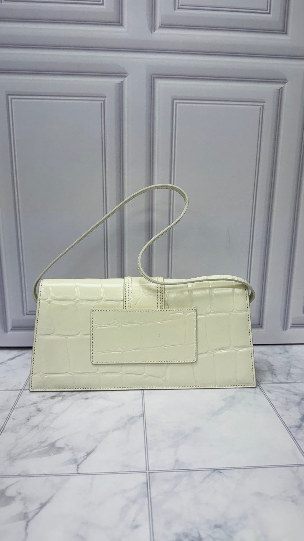 BRAND NEW - Jacquemus White Croc Embossed Leather Le Bambino Long Shoulder Bag