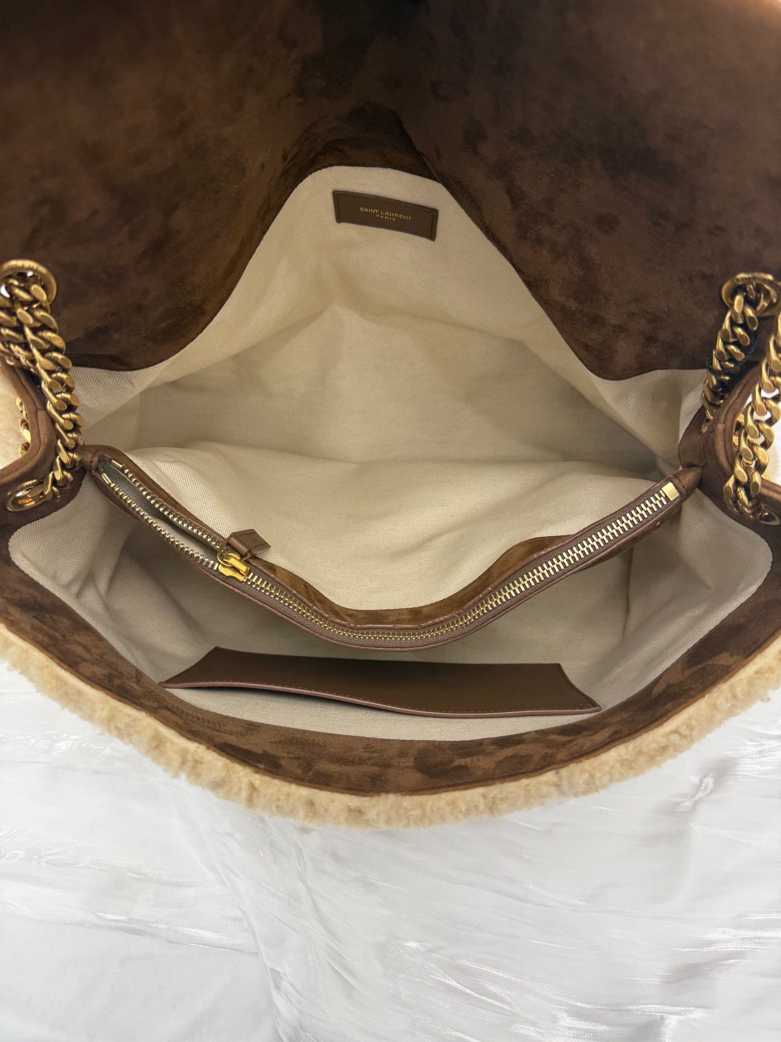 LIKE NEW- Saint Laurent YSL Brown Suede & Shearling Medium Jamie Patchwork  Shoulder Bag