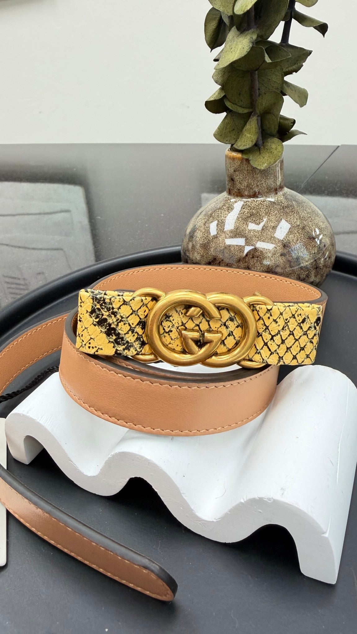 BRAND NEW- Gucci Tan Leather & Interlocking G Python Bow Belt Size 90/36