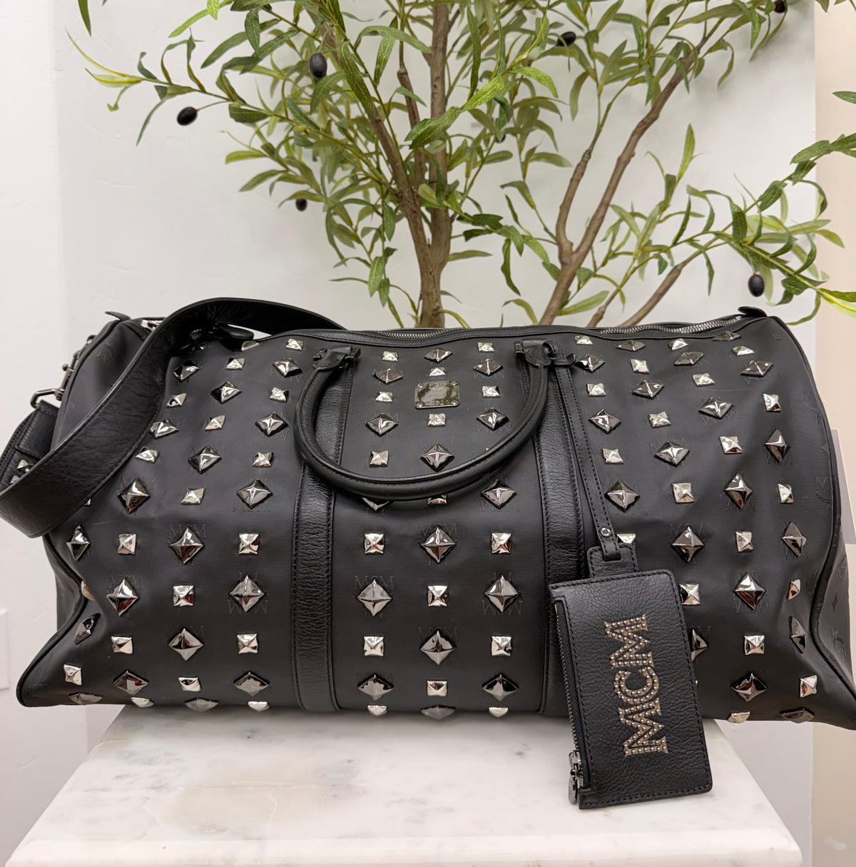 MCM Black Leather Studded Travel Duffle Bag 