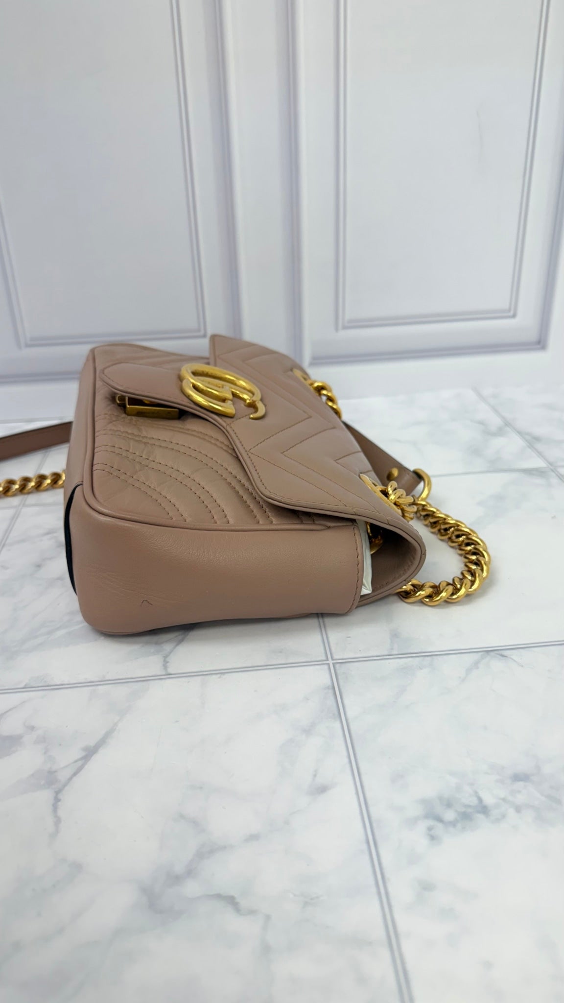 Gucci Dusty Pink Leather GG Marmont Chain Mini Shoulder Bag 