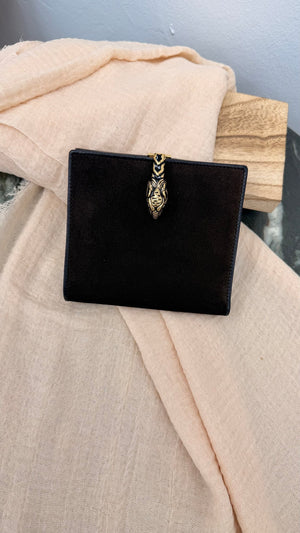 Gucci Brown Suede Leather Tiger Head Compact Wallet