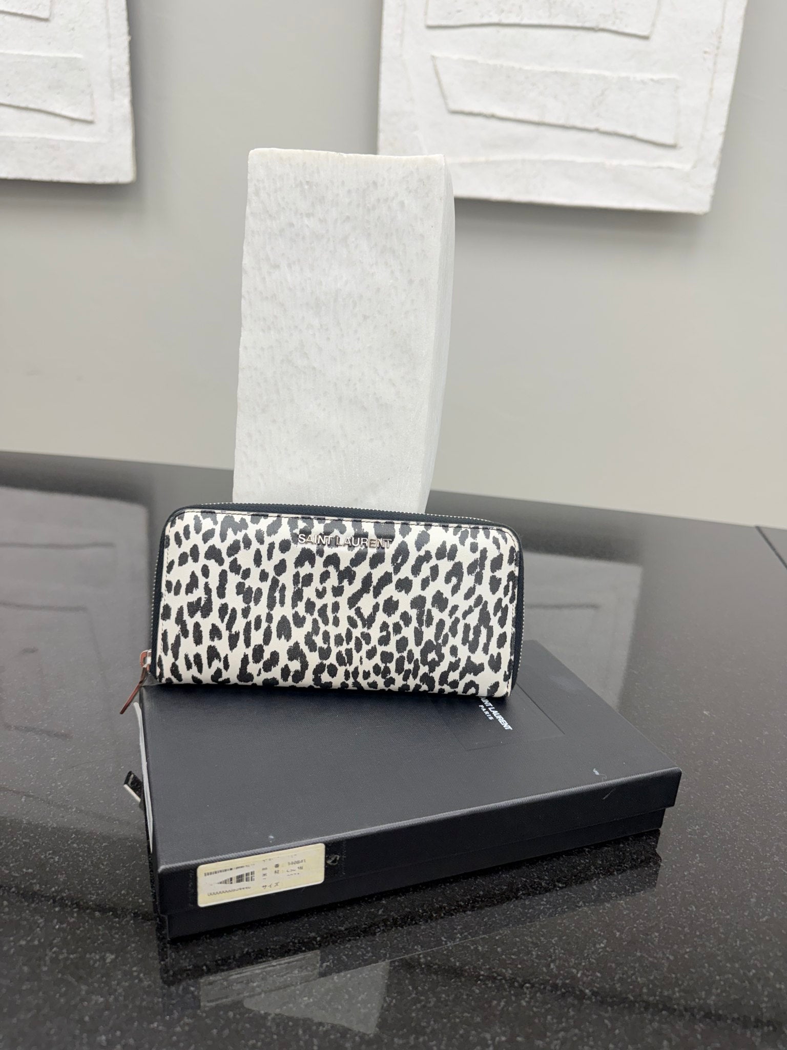 Saint Laurent YSL White And Black Leather Leopard Print Zippy Wallet 