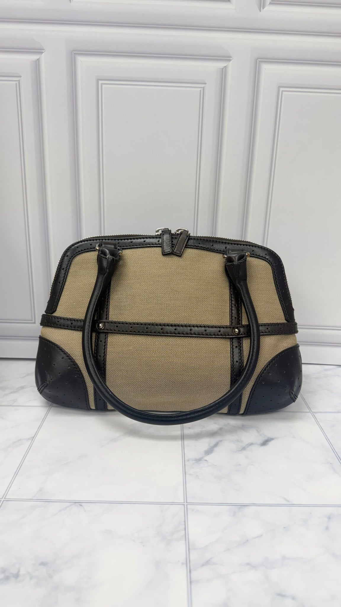 Gucci Brown Leather Beige Web Canvas shoulder bag