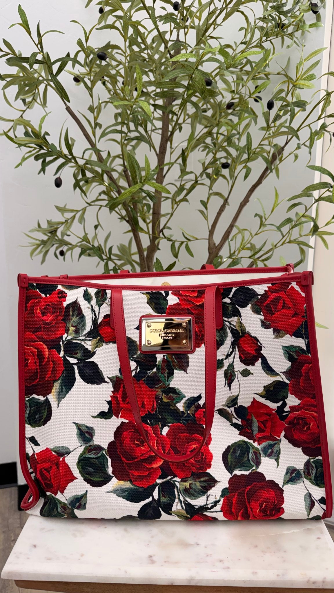Dolce & Gabbana Red Floral Large Sicily Shopper Tote Bag