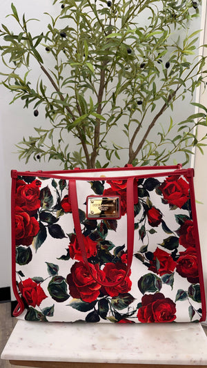 Dolce & Gabbana Red Floral Large Sicily Shopper Tote Bag