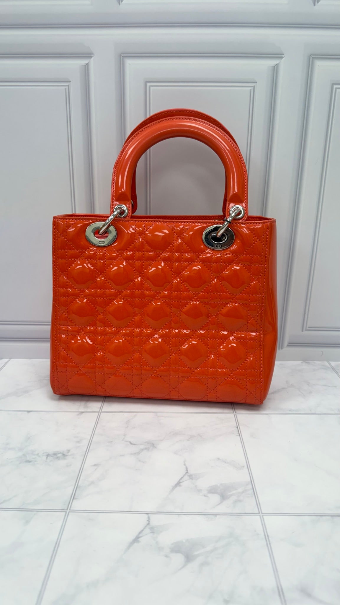 Christian Dior Orange Patent Leather Cannage Medium Lady Dior