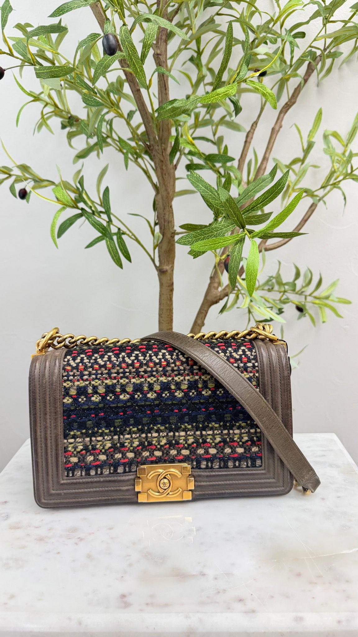 Chanel Brown Leather Multicolor Tweed Boy Medium Flap Bag 
