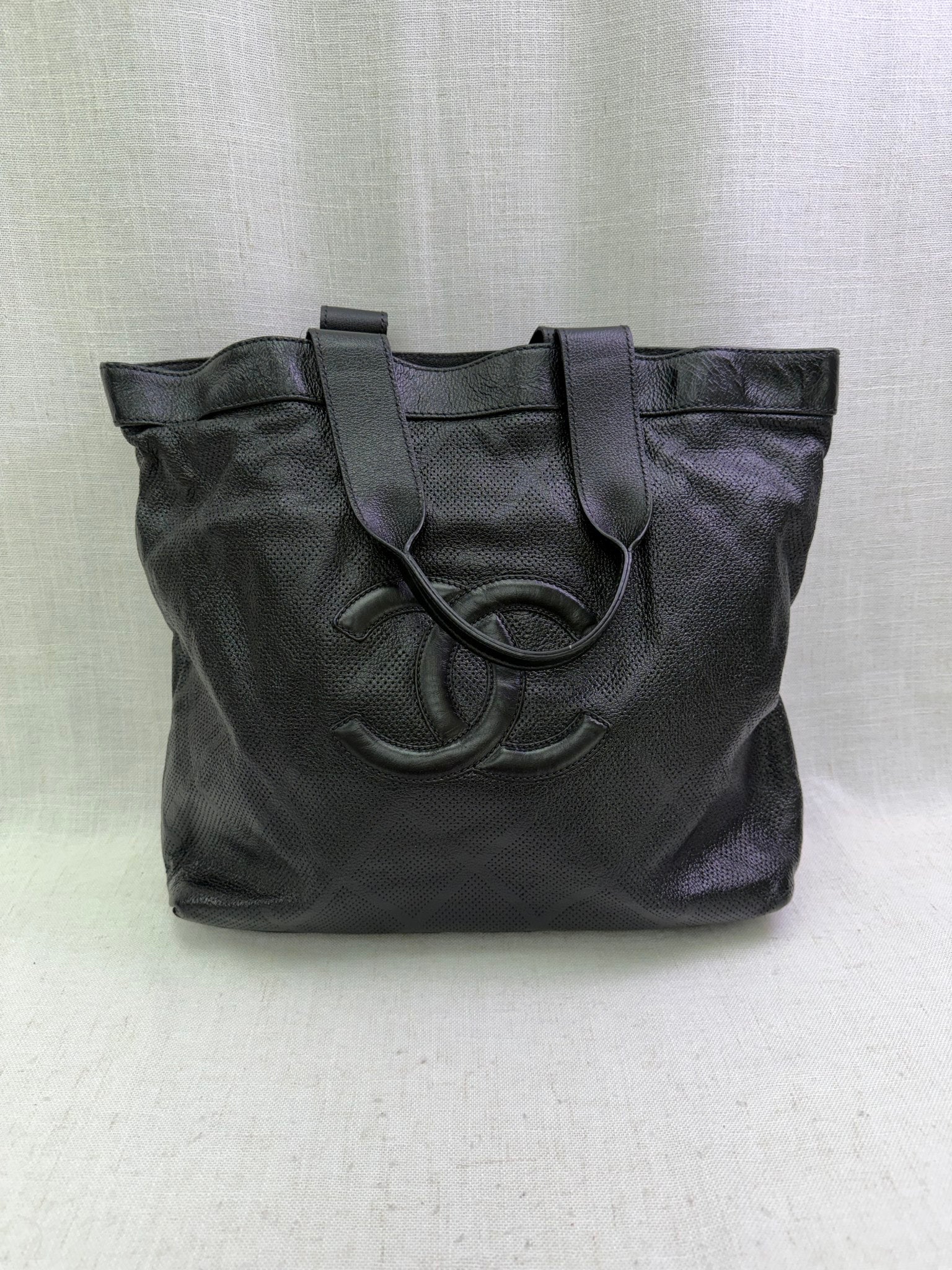 Chanel Black Quilted Perforated Leather CC Tote Bag