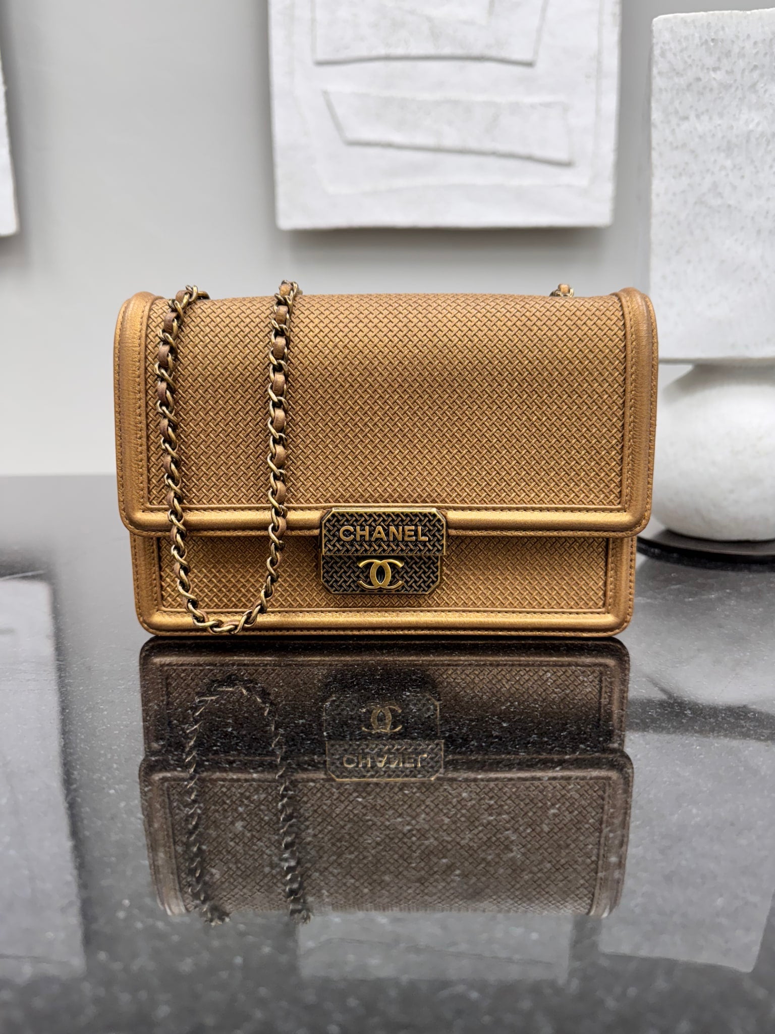 Chanel Gold Woven Texture Small Boy Flap Bag